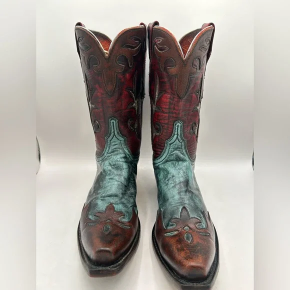 Lucchese Women’s Western Cowboy Boots Red Teal & Brown Distressed Leather Size 7 - Picture 6 of 17